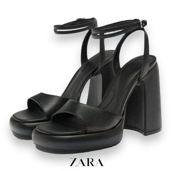 ZARA | Black | CHUNKY HIGH HEELED PLATFORM SANDALS - Picture 1 of 11